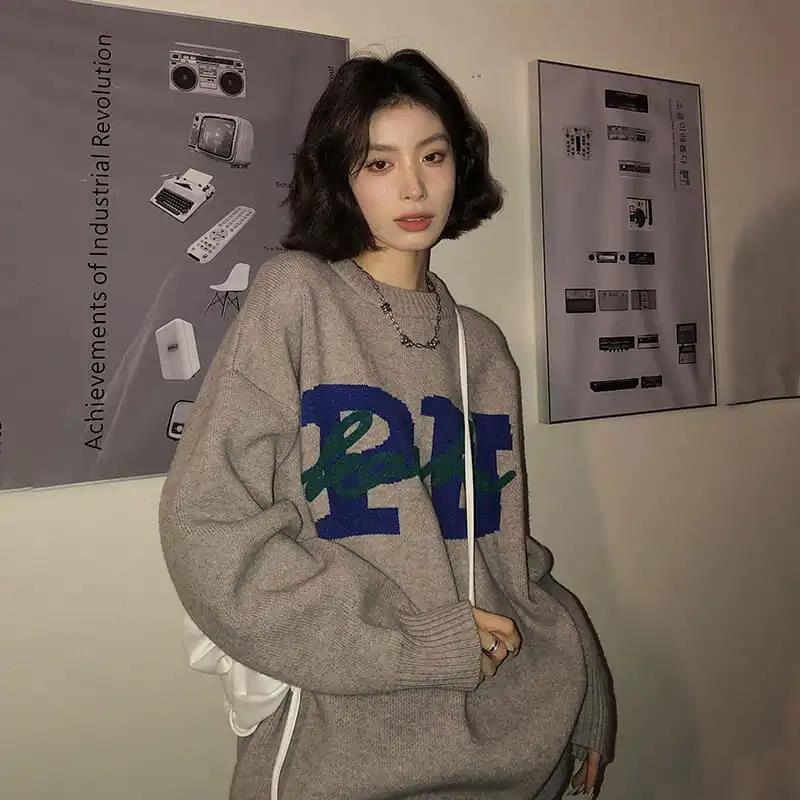 Letter Jacquard Sweater Men and Women Spring and Autumn Round Neck Lazy Style Pullover Sweater Student Autumn and Winter Jacket Tide