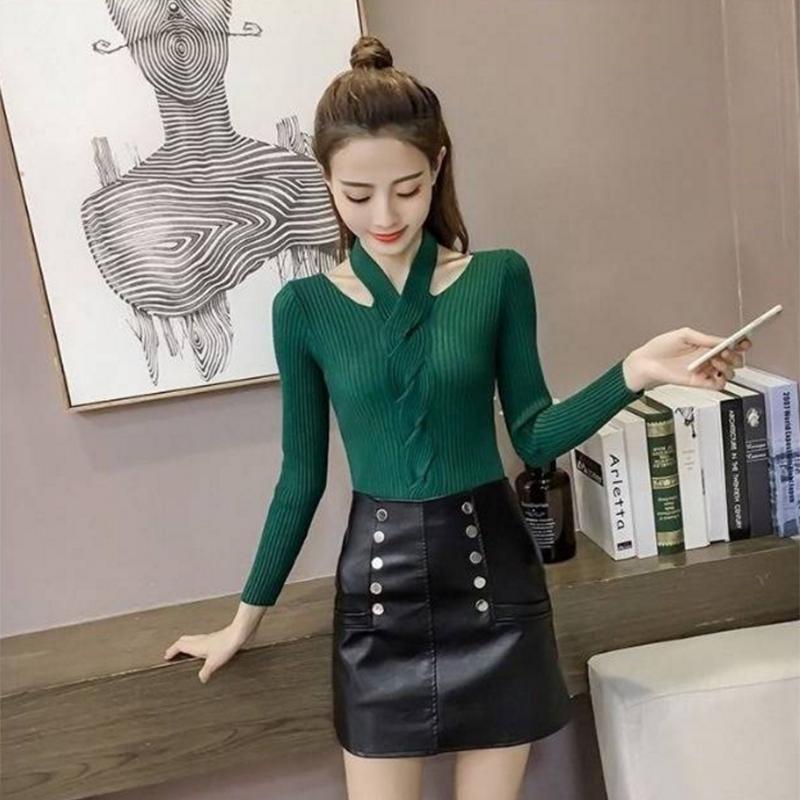 Pofulove sexy V-neck halter slim fit thick base wool sweater female wild sweater