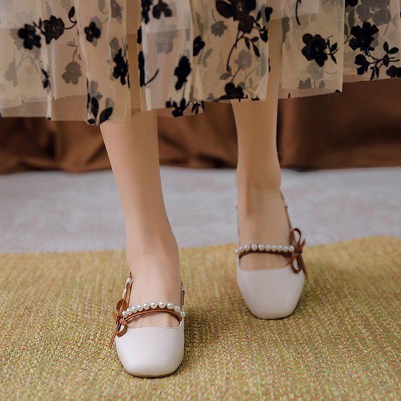 Fairy Style French Single Shoes Women Summer Mid-heel Thick-heeled Small Leather Shoes with Skirt One-word Buckle Sandals