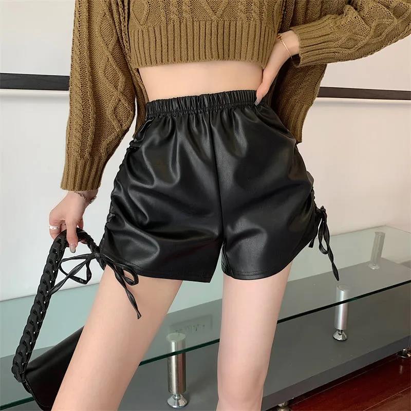 Leather Pants Women's Shorts Autumn and Winter Design Sense Drawstring Pure Desire Wind High Waist Thin A-line Casual Pants