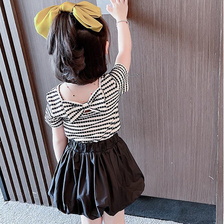 Summer Kids Cute Girls' Short Sleeve Korean Style T-shirt Striped Open Back Top Slim Bow Tie T-shirt