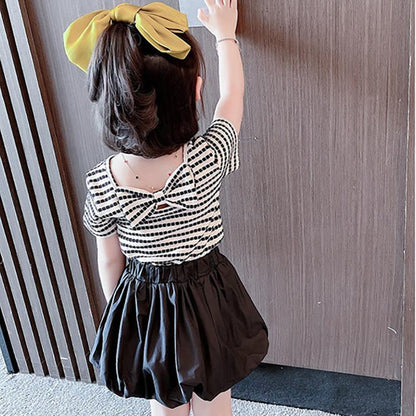 Summer Kids Cute Girls' Short Sleeve Korean Style T-shirt Striped Open Back Top Slim Bow Tie T-shirt