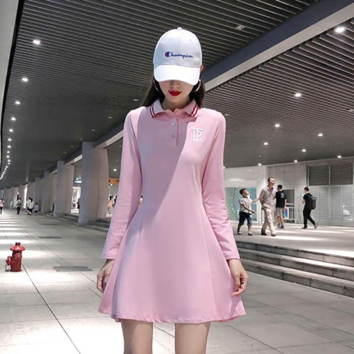 Pofulove S-2XL Women Summer Short-sleeved A-line Dress Student Slim Long Sports POLO-neck T-shirt