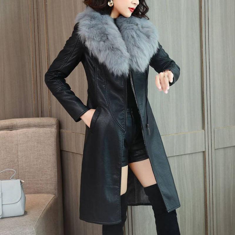 Large Fur Collar Winter Leather Jacket Women Plus Velvet Thick Mid-length Slim and Thin Waist Leather Jacket