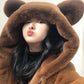 Faux Fur Coat Winter Ladies Cute Bear Ears Plush Thick Warm Hooded Mid-length Fur Coat