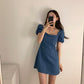 Female Square Neck Mid Length Summer French Retro Elegant Waist with Thin Bubble Sleeve Party Dress
