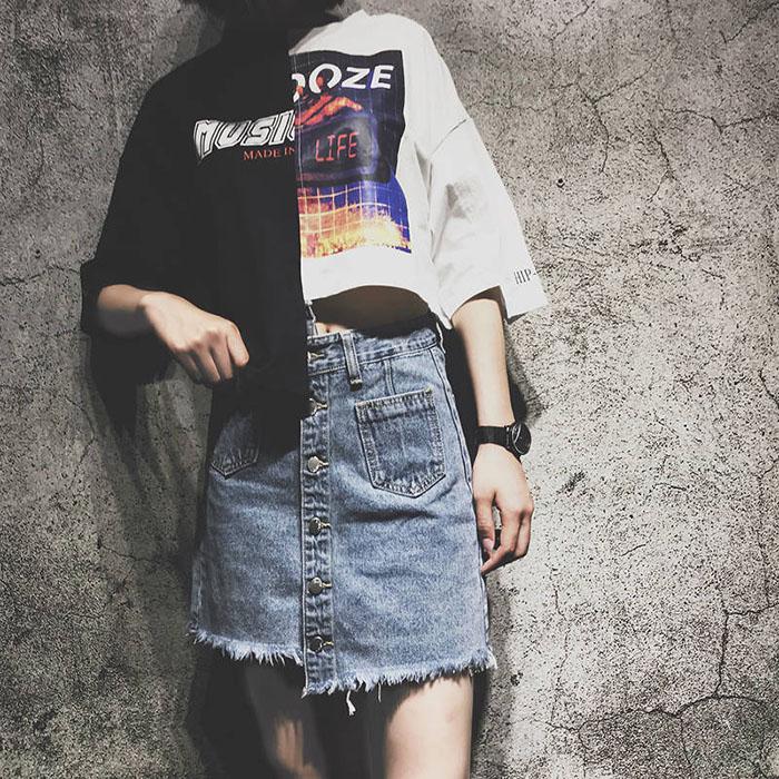 Pofulove Plus Size Women High Waist Irregular Denim Skirts Hip Skirt Anti-light Thin A-line Skirt