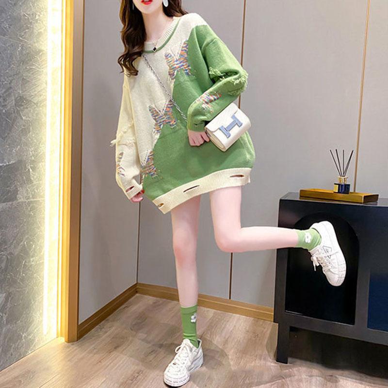 Autumn and Winter Loose Round Neck Bottoming Shirt Pullover Casual Knitted Jacket Hit Color All-match Female Sweater
