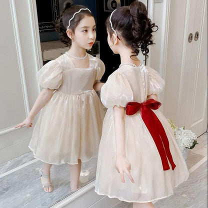 Girls Dress Summer Temperament Solid Color Retro Style Puff Sleeve Princess Dress 4-8 Years Old Girl Sweet Dress A-line Skirt