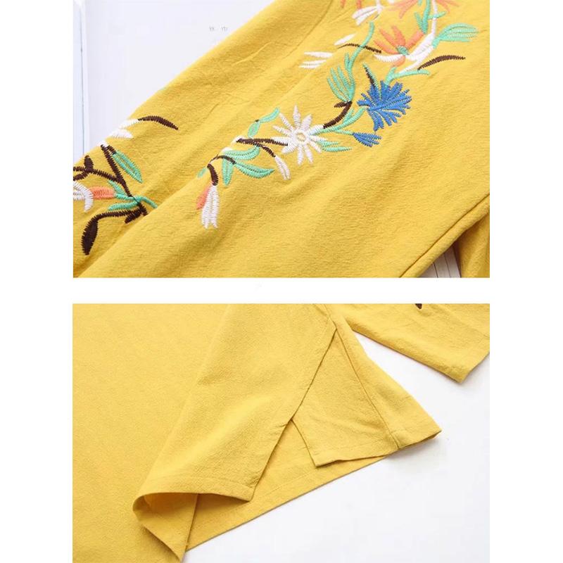 Pure Cotton Embroidery Long-sleeved Plus Size Bottoming Shirt T-shirt Retro Women's Floral Top Mother's Wear