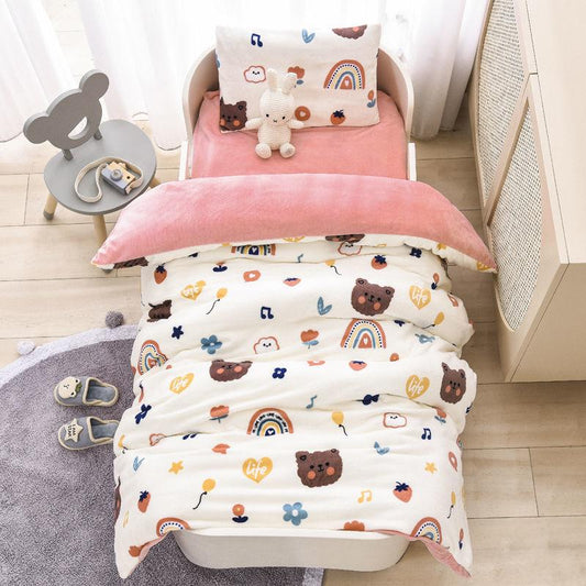Children's Bed Three-piece Soft Skin-friendly Pillowcase Quilt Cover Sheet Milk Velvet Warm Bed Set Baby Bedding