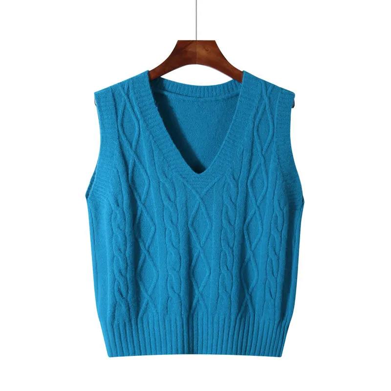 2021 Women Solid Loose Knitted Vest Sweater Girls V Neck Sleeveless Thick Vintage Sweater Female Waistcoat Chic Tops