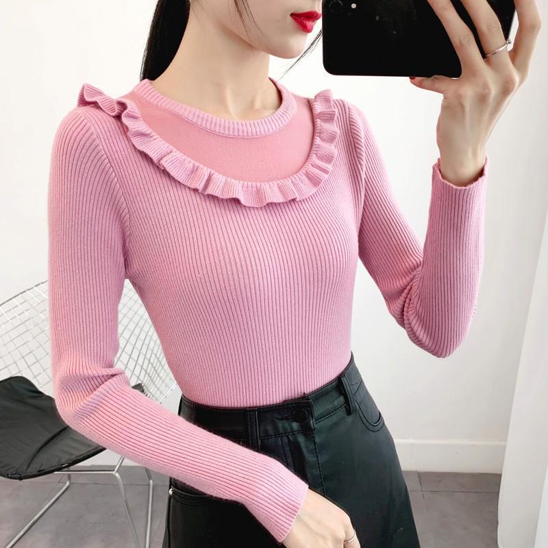 Sweater Women's Ruffled Collar Pullover Knitwear Korean Style Slim Solid Color Top Trendy Sweater Autumn and Winter Lady Style
