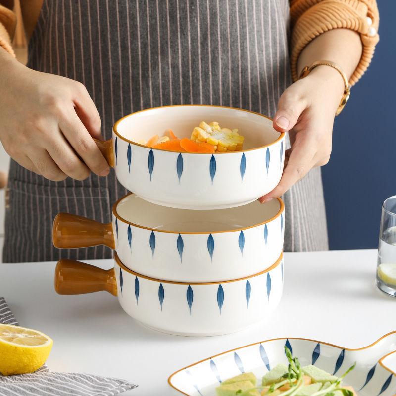 Japanese-style Hand-painted Handle Plate Bowl Creative Net Celebrity Baking Baked Rice Binaural Baking Tray Oven Special Ceramic Tableware Set