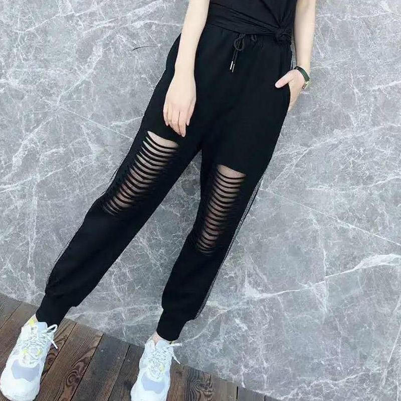 Spring and Summer Elastic Waistband Holes Are Thin Trousers Loose All-match Beam Sports Pants Women Casual Pants