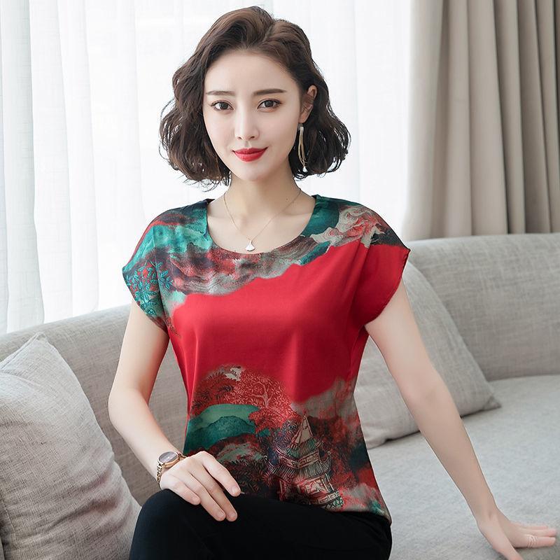 Ice Silk Blouse Women's Short-sleeved Large Size Loose Imitation Silk Small Shirt Summer New Age Reduction Printing T-shirt Women