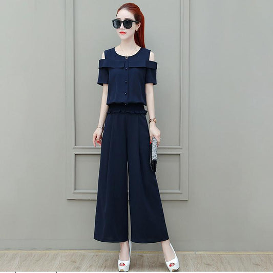 Wide-leg Pants Suit Women's Long-tube Wide-leg Pants Summer Leaky Shoulder Top Two-piece Set Waist Slimming Round Neck Strapless Shirt