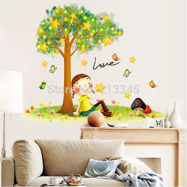[sticker Monopoly ]Under The Stars Tree Little Girl Cartoon Wall Decor Decal Home Bedroom Kids Room