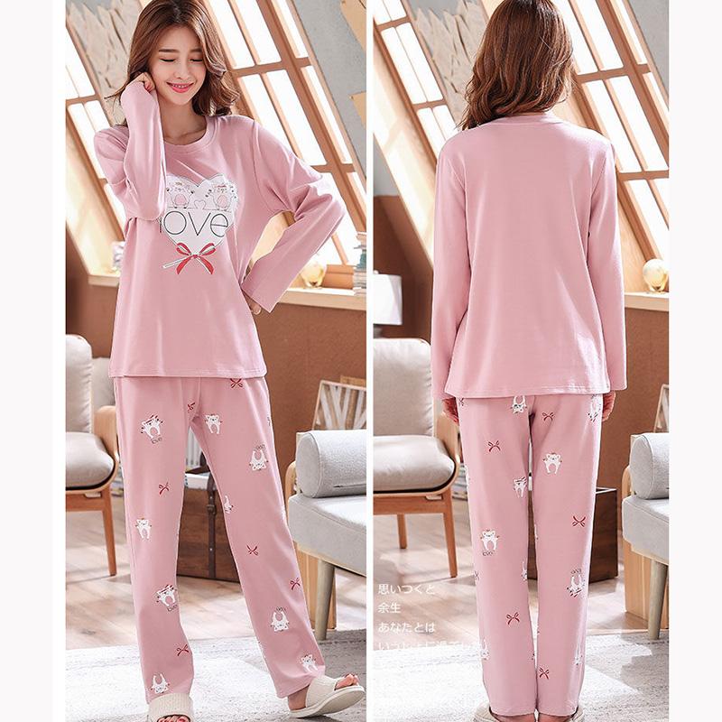 Ladies Pajamas Set Spring Autumn Cotton Long-sleeved Suit Cartoon Printing Pink Top Pants Two-piece Set Outdoor House Wear
