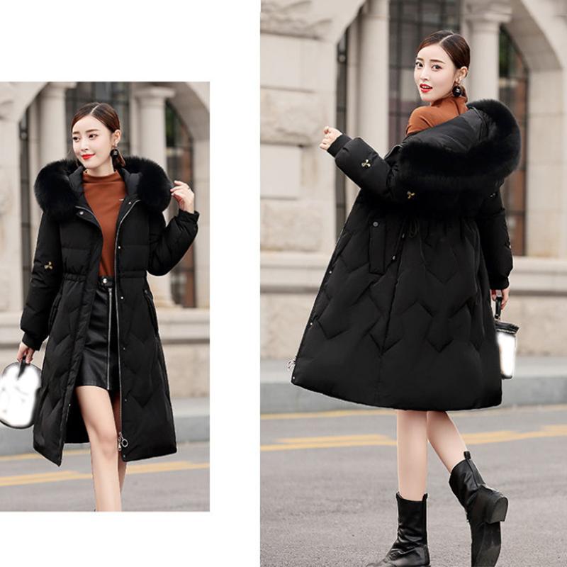 Women's Solid Color Embroidered Down Jacket Mid-length Korean Style Loose Thick Coat Warm Cotton Coat Large Fur Collar Winter Quilted Jacket