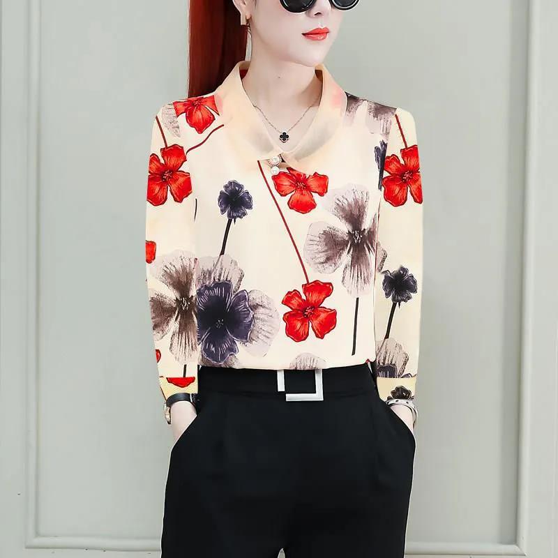 Women's Spring Autumn Chiffon Long Sleeve Top Lapel Bow Print Shirt