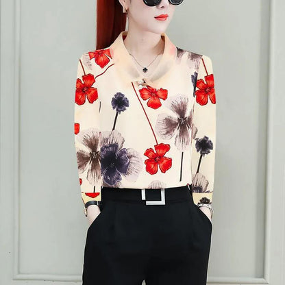 Women's Spring Autumn Chiffon Long Sleeve Top Lapel Bow Print Shirt