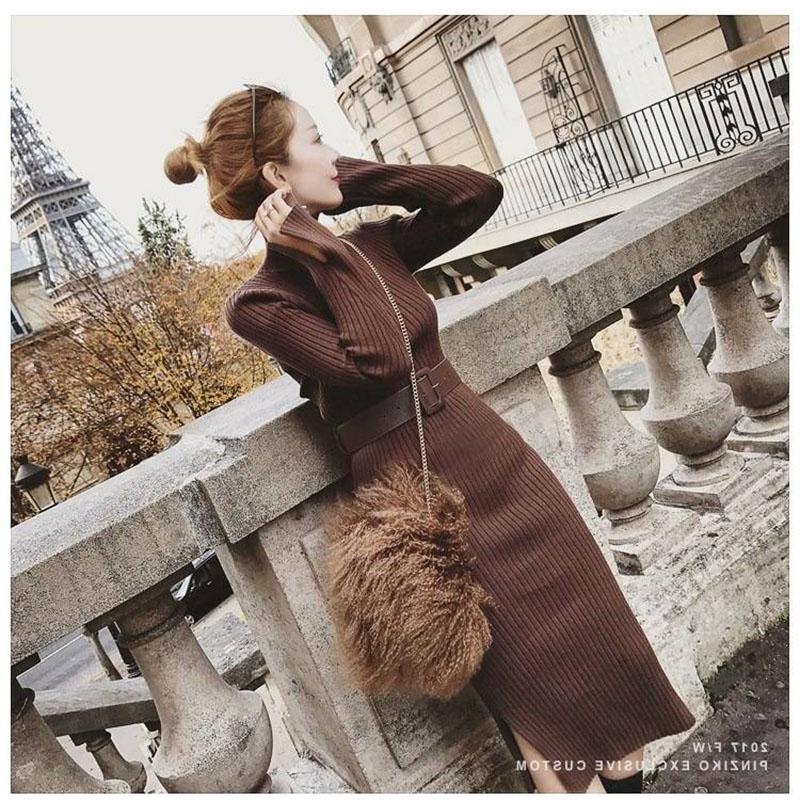 Winter Sexy female Sweater Dress Slim Fit Wrap Hip Turtle Neck Women Winter Sweater Long High Split
