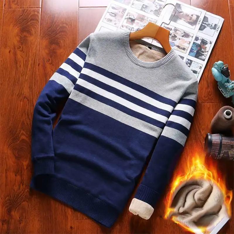 Pure Cotton Sweater Men's Striped Bottoming Sweater Long-sleeved Sweater Plus Velvet Thickening To Keep Warm
