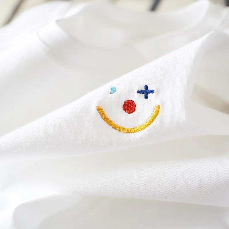 Pure Color Smiley Face Embroidery Polyester Women's Summer Round Collar  Tees Breathable Half-sleeved Harajuku All-match Cartoons Style T Shirt Tops