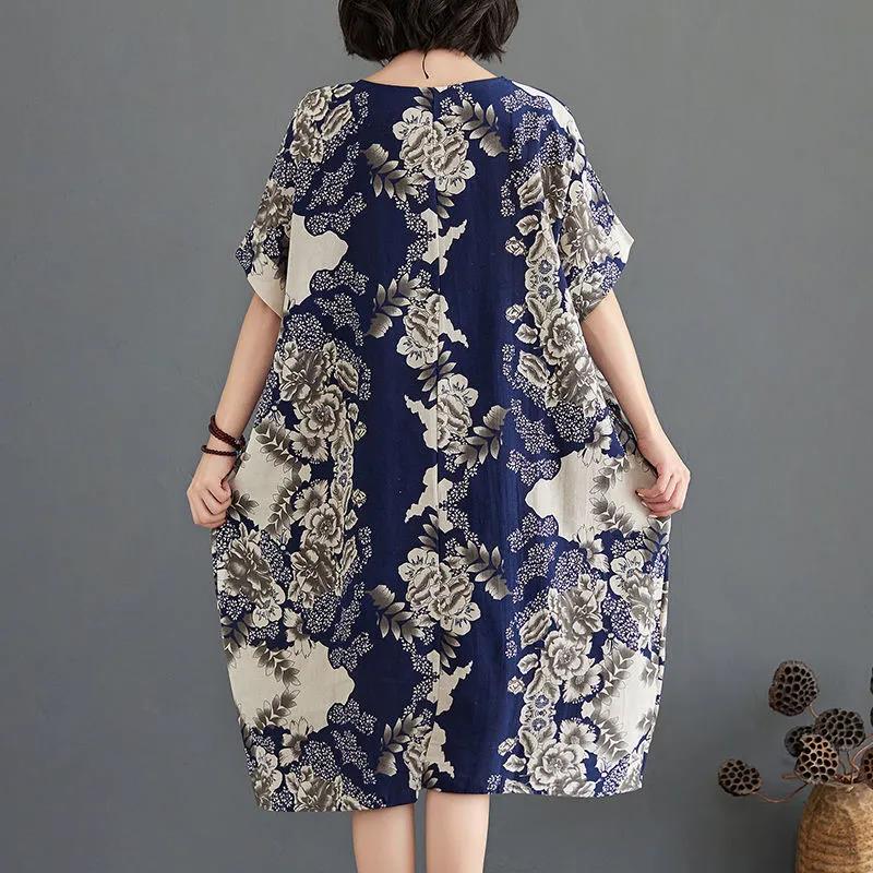 Summer Retro Print Dress Women's Bat Sleeve Loose Round Neck Long Dress