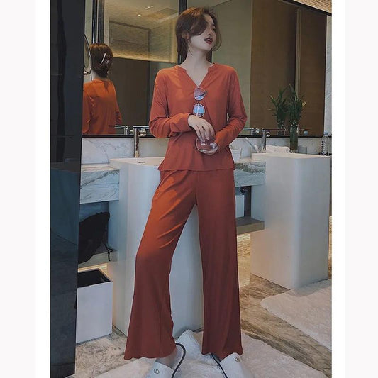 Women's Long Sleeves Pajamas Set Sexy Stripes Kiss-skin V-neck Thin Modal Cotton Elastic Pajama Set Outer Wear Solid Color Home Wear