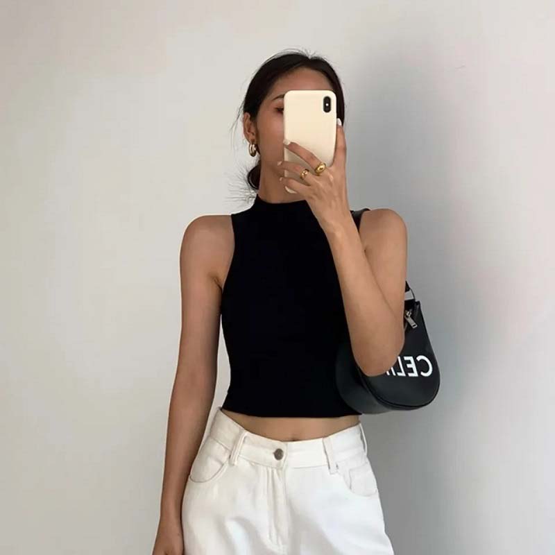 Y2k American Vest Suspenders Women's Sleeveless Slim Fit Crop Top Sexy Slight Stand Collar Shorts Top Steetwear Outerwear Bottoming Shirt Solid Color