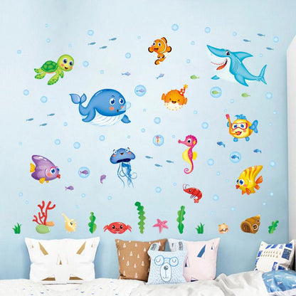 [Wall stickers] cartoon happy fish sea world wall stickers for kids rooms bedroom kitchen bathroom h