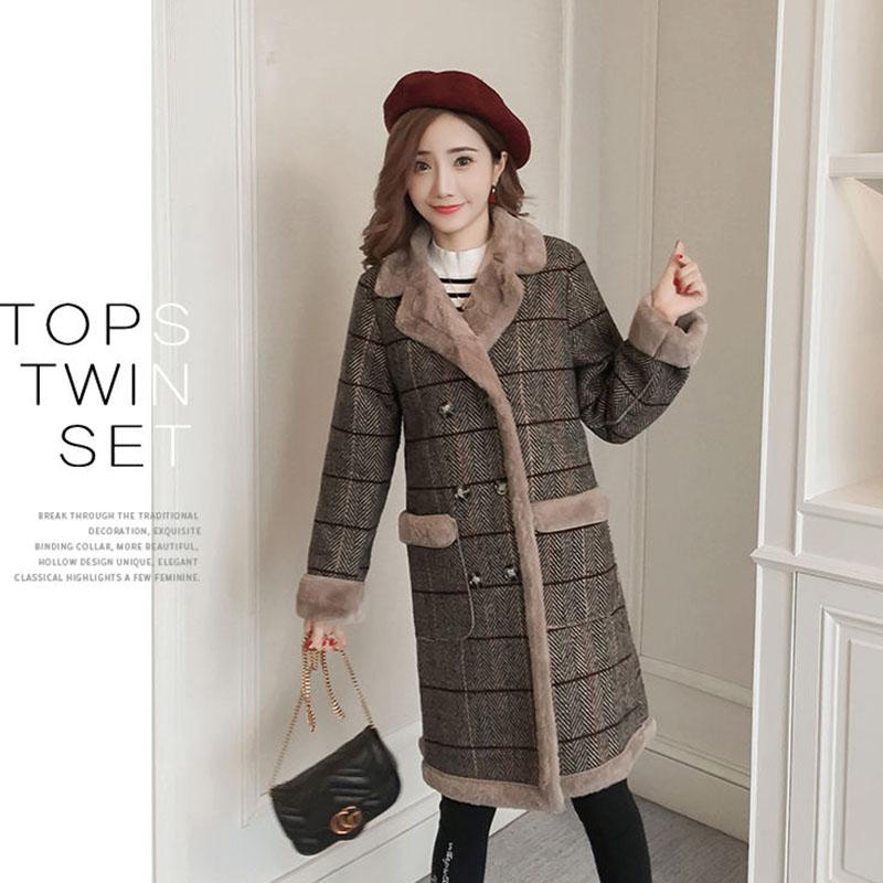 Thick and Fluffy Woolen Coat Women's Mid-length Large Size Plaid Cotton Coat Warm Women's Coat