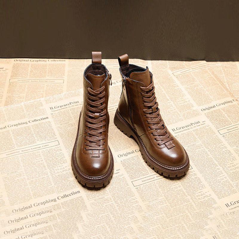 Retro Brown Martin Boots Women Autumn and Spring British Style Leather All-match Thick-soled Short Boots Women Single Shoes Waterproof Boots