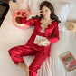 Women's Long Sleeve Silk Polyester Pajamas Spring Autumn Sexy Ladies Ice Silk Thin Lace Homewear Set Loose Breathable Pyjamas Solid Glossy Nightgowns