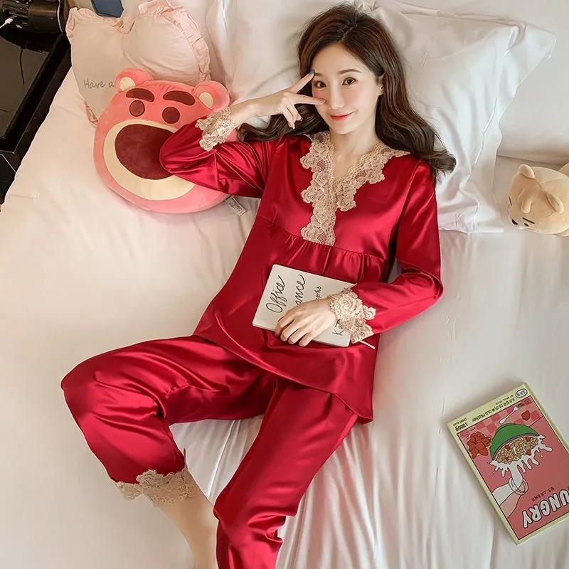 Women's Long Sleeve Silk Polyester Pajamas Spring Autumn Sexy Ladies Ice Silk Thin Lace Homewear Set Loose Breathable Pyjamas Solid Glossy Nightgowns