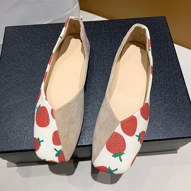 Soft Bottom Peas Shoes Women Spring Summer Sweet Pineapple Cherry Strawberry Flat Bottom Shallow Mouth Single Shoes Slip-on Shoes Casual Flat Shoes