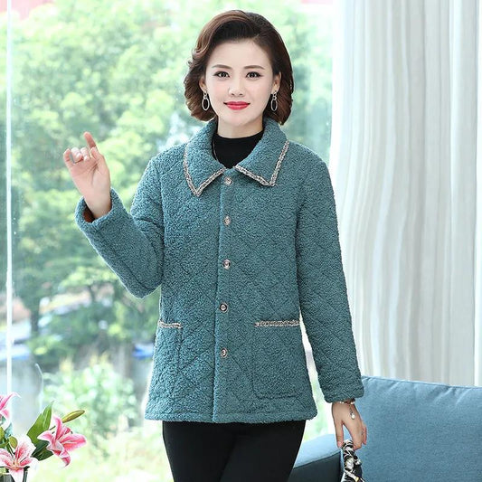 Small Fragrant Wind Short Coat Ladies Middle-aged and Elderly Lamb Wool Coat Plus Velvet Thick Casual Winter Small Padded Jacket