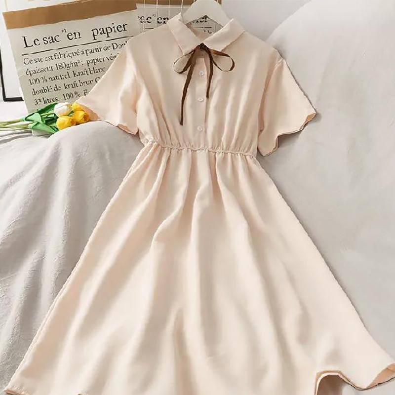 High Waist Dress Female Student College Style Lace-up Summer All-match Short-sleeved Chiffon Dress