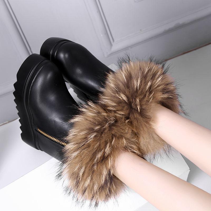 Women's Snow Boots Leather Wedges Non-slip Boots High Heel Women's Ankle Boots with Detachable Fur