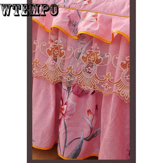 Embroidery Printed Bedding Set 4pcs Duvet Cover Bedspread Pillowcase Bed Skirt Sheet Set