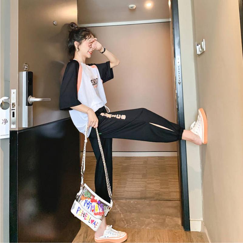 Cute Casual Sportswear Suit Female Summer Two-piece Suit Loose Cool Round Neck Short-sleeved T-shirt + Loose Sports Pants Fabric Light and Breathable