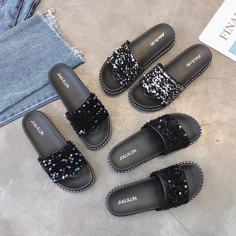 2020 Summer Fashion Sequins Casual Sandals and Slippers Women Wear Flat Bottom Flip Shoes Women Slippers Flip Flops Women