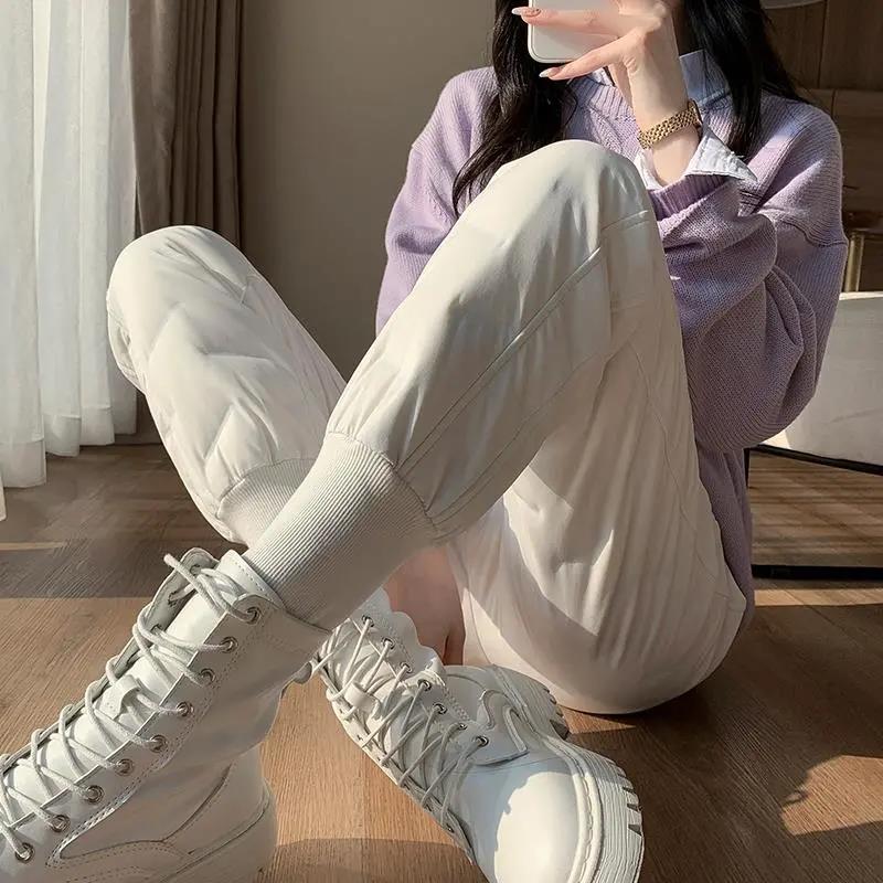 Down Cotton Trousers for Women's Outer Wear Fashion Plus Velvet Thickening Winter Models with Waistband, Leisure and Thin Warm Cotton Trousers