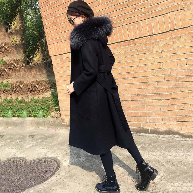 Autumn Winter Coat Cashmere Trench Jacket Women Casual Black Coat with Hooded Warm Pocket Jackets