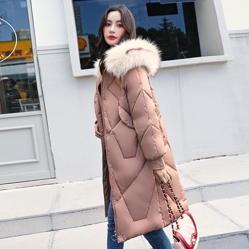 Ladies Winter Coat Mid-length Large Fur Collar Hooded Down Coat Slim Fit Hooded Thick Warmth Parka Coat