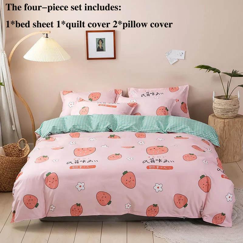 Bed Sheet Four-piece Bed Cover Non-slip Duvet Cover Bed Sheet Pillowcase Set 1.5 M 1.8 M Bed Home Pink Strawberry