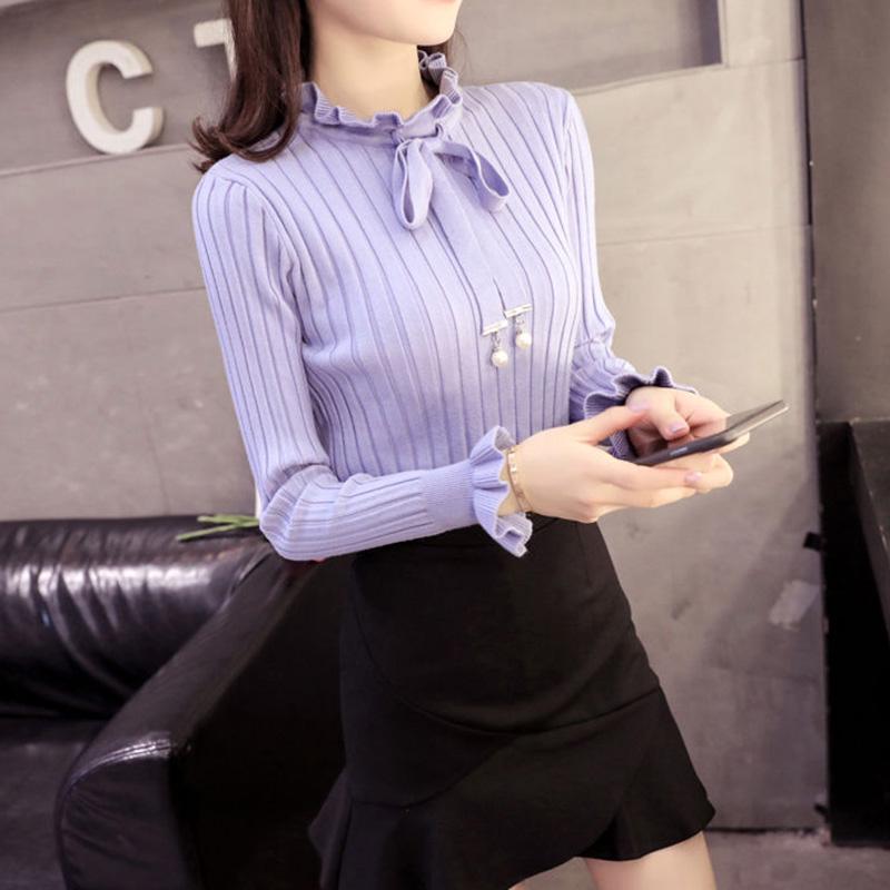 Bowknot Korean Knit Sweater Autumn and Winter Long-sleeved Slim Pullover Sweater Wood Ear Bottoming Shirt