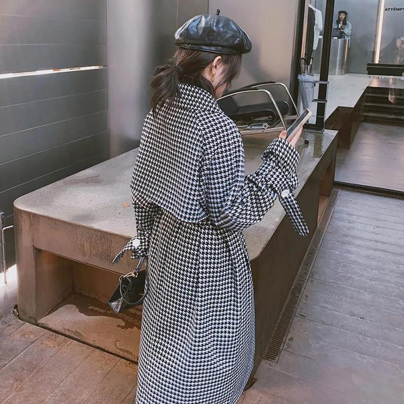 Black and White Houndstooth Windbreaker Jacket Female Spring and Autumn Long Style Over-the-knee Waist Belted Temperament Loose Coat